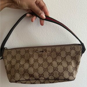GUCCI Monogram Web Boat Pochette Brown